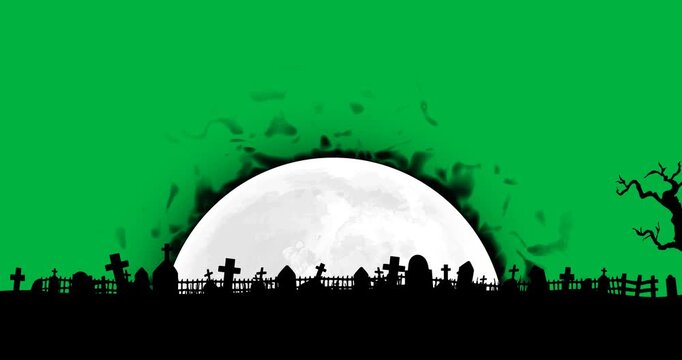 Animation of flames over moon and halloween cemetery on white background
