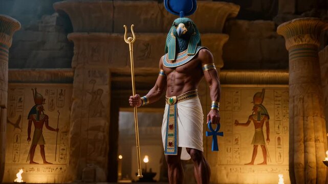 Egyptian god Thoth with ibis head walking through torchlit ancient temple holding golden staff and blue ankh. Epic cinematic deity for mythology, fantasy and history projects.