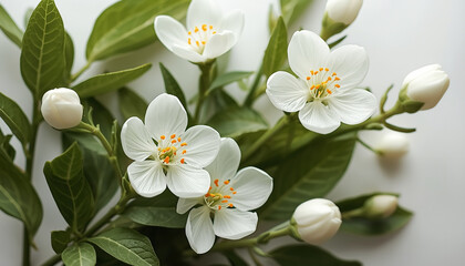 Fototapeta premium White jasmine flowers with delicate petals yellow stamens green leaves and buds arranged in natural botanical composition on white background