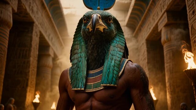 Powerful god Horus with realistic falcon head and feathered collar stands in torchlit ancient Egyptian temple. Epic cinematic deity portrait for mythology and fantasy projects.