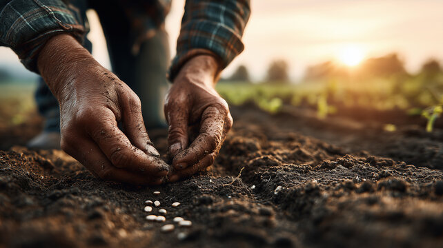 Farmer's hands planting seeds in dark fertile soil, close up of rough hands carefully placing small seeds into freshly plowed soil.
