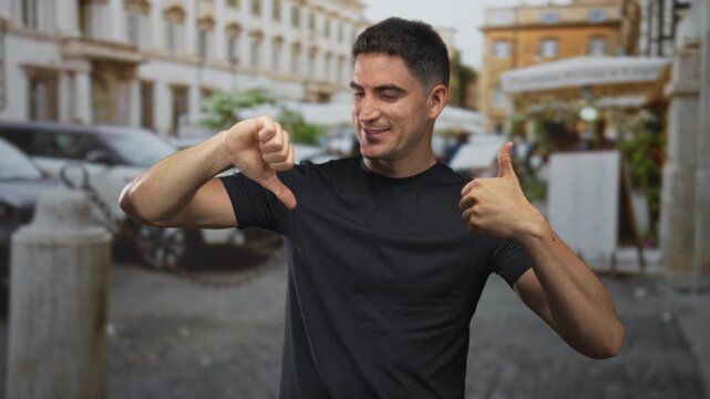 Young hispanic man showing thumbs up and thumbs down with bare hands on a cobblestone street in front of city buildings and parked cars; ambivalence.