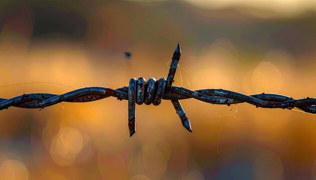 Close-up Rusty Barbed Wire Detail in Warm Golden Hour Sunlight with Soft Bokeh Background Outdoor Rural Scene