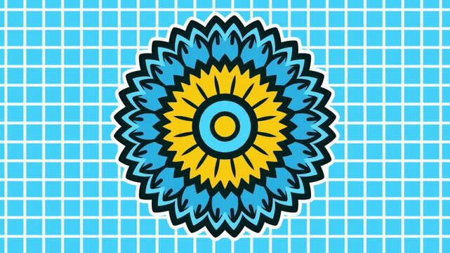 Colorful geometric mandala animation on light blue grid motion background