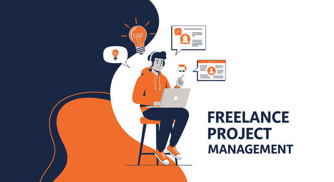 Freelance Project Management: Young man working on laptop with ideas and tasks