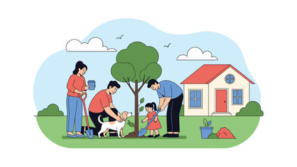 Fototapeta premium Happy family with a small child and a dog planting a young tree together in the beautiful garden of their new suburban house.