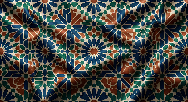 Highly realistic macro top view photo of Morocco zellige traditional fabric with intricate mosaic geometric pattern