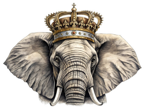 Royal Elephant Head with Golden Crown Isolated on White Background
