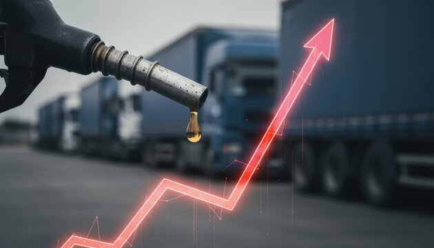 Gasoline nozzle with single fuel drop over blurred trucks and rising red arrow graph showing fuel price increase