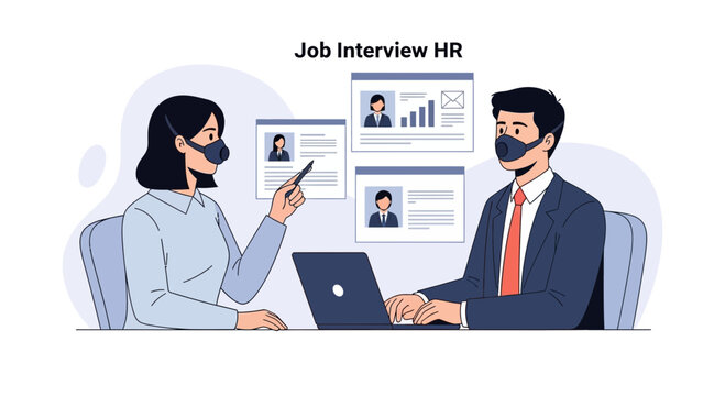 HR manager conducting job interview with candidate wearing face mask, reviewing resumes