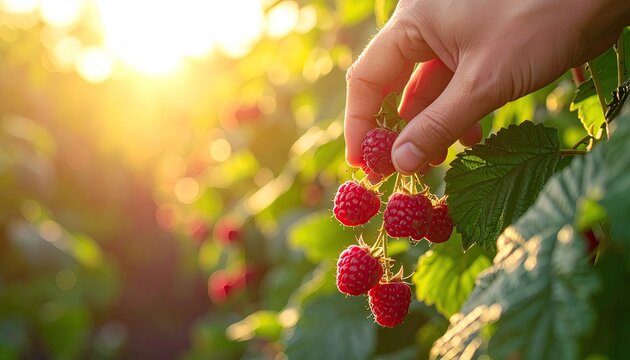CloseUp Hand Harvesting Ripe Red Raspberries From Bush In Golden Sunlight Soft Focus Background Rural Orchard