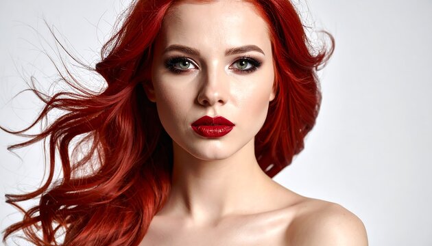 A portrait of a woman with long, vibrant red wavy hair. She has dramatic eye makeup and bold red lipstick. Her shoulders are bare