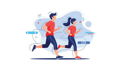 Fototapeta premium Active man and woman in athletic wear enjoy a morning jog together through an abstract landscape representing fitness and health.