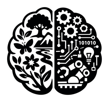 Human brain illustration displaying nature elements on one side and technology circuits on the other, representing creative and logical thinking