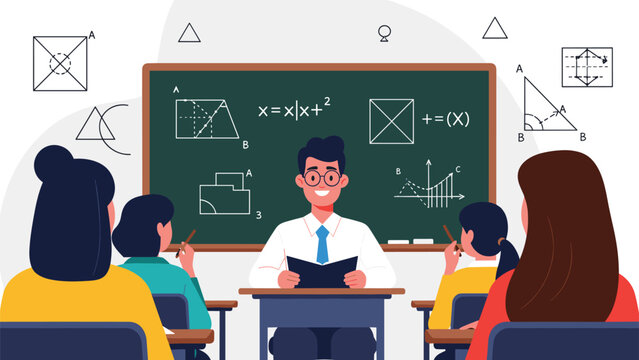 Male teacher standing in front of a green chalkboard with mathematical equations and geometric shapes while teaching students.