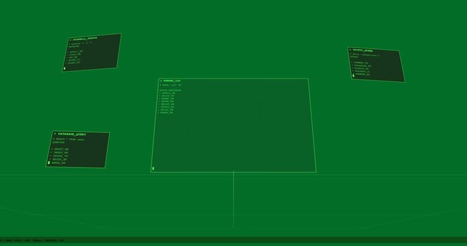 Guide lines booting transparent HUD, center terminal and panels emerging, rotating, showing readout