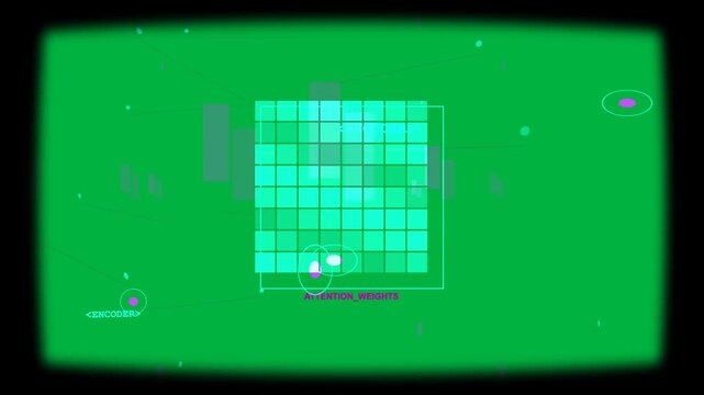 cyan grid pulsing magenta lines, zooming, showing attention weights and TRAINING_LOG on transparent