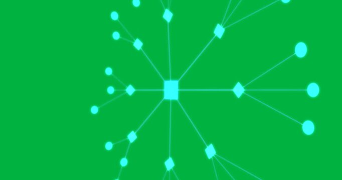 Cyan square appearing, unfolding into hub, arms extending, showing network on transparent canvas