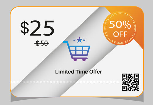 iscount coupon design template with fifty percent off and qr code