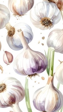 Watercolored pattern of garlic bulbs, cloves, and stems isolated on a white background