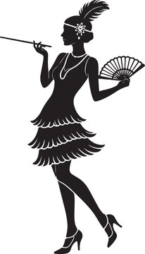 Vintage flapper girl silhouette, 1920s art deco woman with cigarette holder and fan, roaring twenties vector icon
