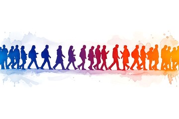 Obraz premium A group of people walking in a line with colorful silhouettes on a white background