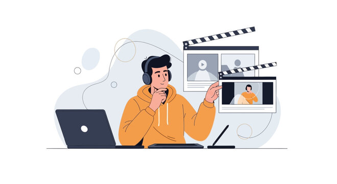 Video editor working on laptop with editing software and clapperboard