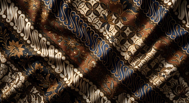 Highly realistic macro top view photo of Indonesia batik traditional fabric with intricate geometric and floral pattern