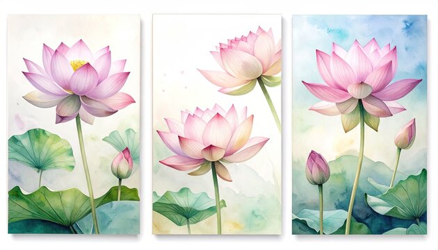 Delicate Watercolor Lotus Flowers Bloom in Soft Sunlight with Green Leaves and Buds Against a Gentle Blue Sky Background