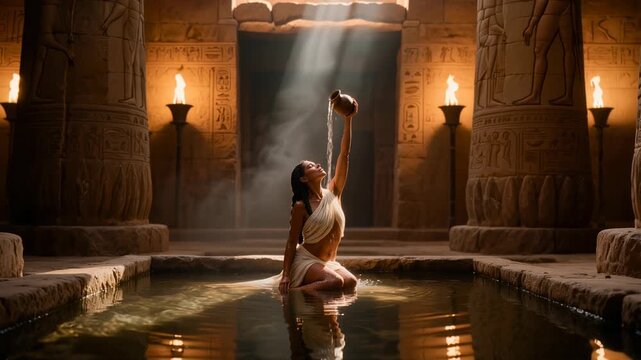 Beautiful Egyptian woman performing sacred bathing ritual in ancient temple pool with torches, candles and sunbeams. Cinematic scene for history, mythology and spa projects.