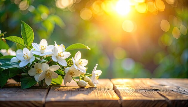 Delicate White Jasmine Blossoms Rest on a Rustic Wooden Surface Bathed in Golden Sunlight with a Soft Green Blurred Background