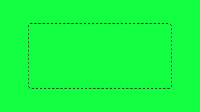 Animated dotted line rectangle frame on green background. Border frame dotted line animation. Dotted line path animation from right to left point. Dashed line rectangular border animation
