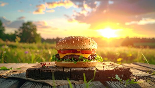 Delicious Cheeseburger Appetizingly Placed on a Rustic Wooden Surface Outdoors During a Golden Sunset with Vibrant Green Grass and Warm Sun Rays in the Background