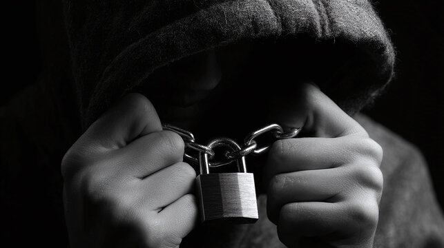 hands hold a chain in black and white