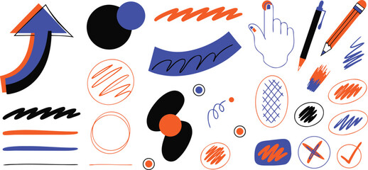Modern doodle annotation set arrows shapes highlights pointer hand cursor abstract sketch elements. Bold colorful vector graphics for UI, presentation, and social media design use. Isolated on white b © Vivid Pixel Studio.