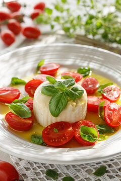 Smoked burrata cheese with fresh tomatoes, basil and olive oil, close up view. 