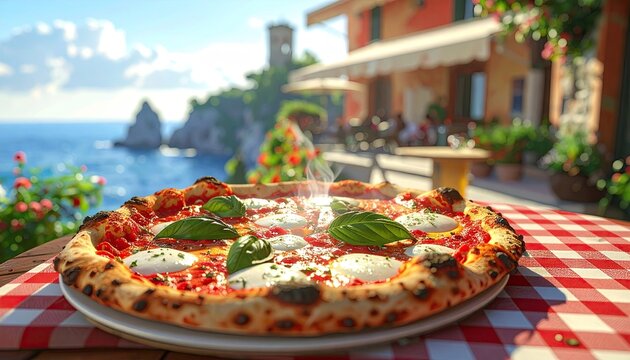 Delicious Margherita Pizza with Fresh Basil and Mozzarella on a Red and White Gingham Tablecloth with a Scenic Ocean View and Italian Villa in the Background on a Sunny Day