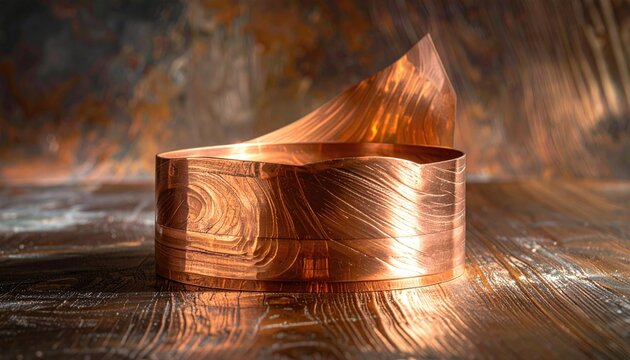 Copper Sheet Metal With Intricate Engraved Patterns Reflecting Warm Light On A Textured Wooden Surface