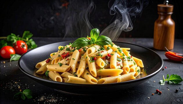Delicious Penne Pasta Dish Garnished with Fresh Herbs and Red Pepper Flakes Served on a Black Plate with a Wooden Salt Grinder in the Background