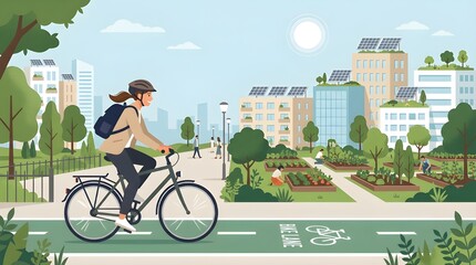 Fototapeta premium Young Woman Cyclist Commuting on Dedicated Bike Lane in a Green Eco-City with Urban Garden and Solar Panel Buildings