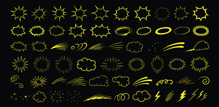 Neon comic effect doodle set yellow glow burst cloud speech bubble explosion line elements. Bold vector graphics for emphasis, highlight, and poster design use. Isolated on dark background.