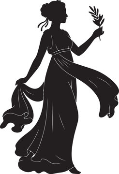 Elegant silhouette of a woman in a flowing classical Greek-inspired dress, holding an olive branch, embodying grace and peace.