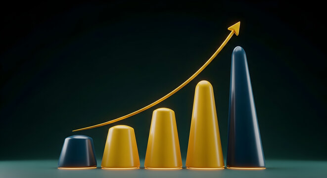 Dynamic three-dimensional bar chart illustrating robust financial growth and strategic business development, depicting a clear upward trend and market success with an ascending arrow
