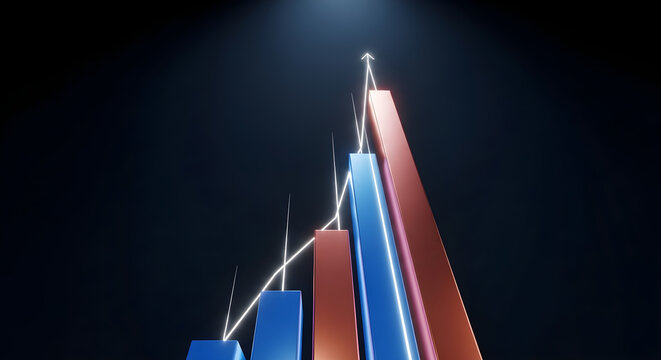 3D bar graph with a rising arrow indicating growth, progress, and financial success against a dark backdrop