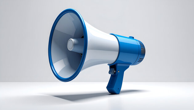 A vibrant blue and white megaphone rests on a clean white surface, symbolizing communication and announcements.