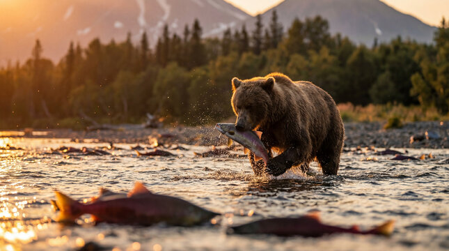 A Kamchatka bear hunts fish in a mountain river during salmon spawning against the backdrop of mountains and forests