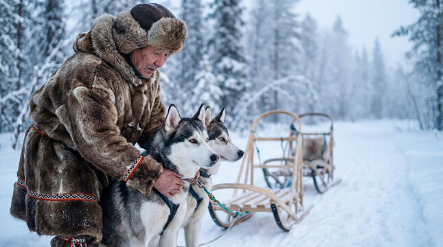 A resident of the Far North harnesses a husky to a sleigh in winter in the Taiga