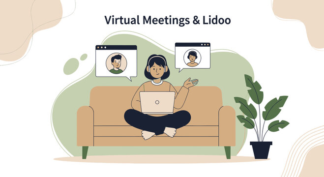 Woman working remotely on laptop, attending virtual meeting on couch with plant and abstract shapes