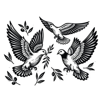 Vintage engraving of flying doves with olive branches a symbol of peace and harmony