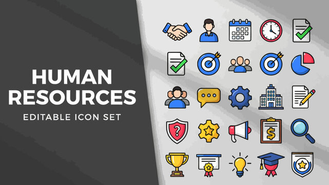 A lively collection of multicolor flat human resources icons is presented on a dynamic dark grey background.